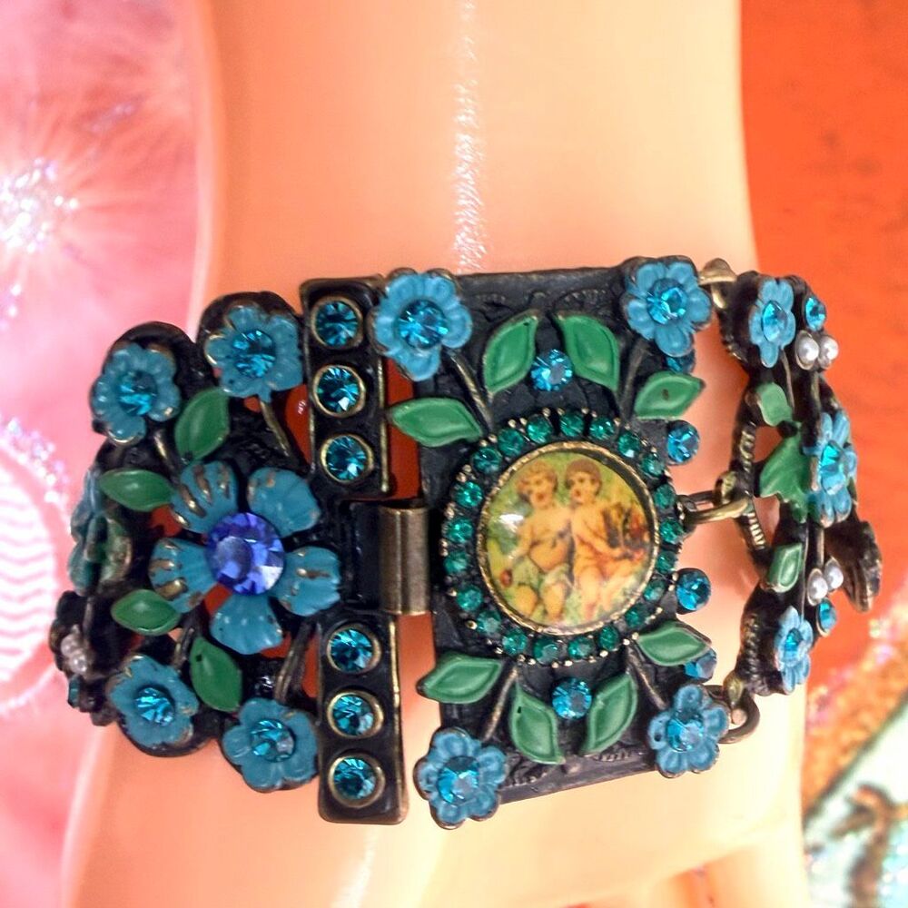 Vintage Michael Morrison Blue Green Enamel Crystal Cherub Floral Bracelet